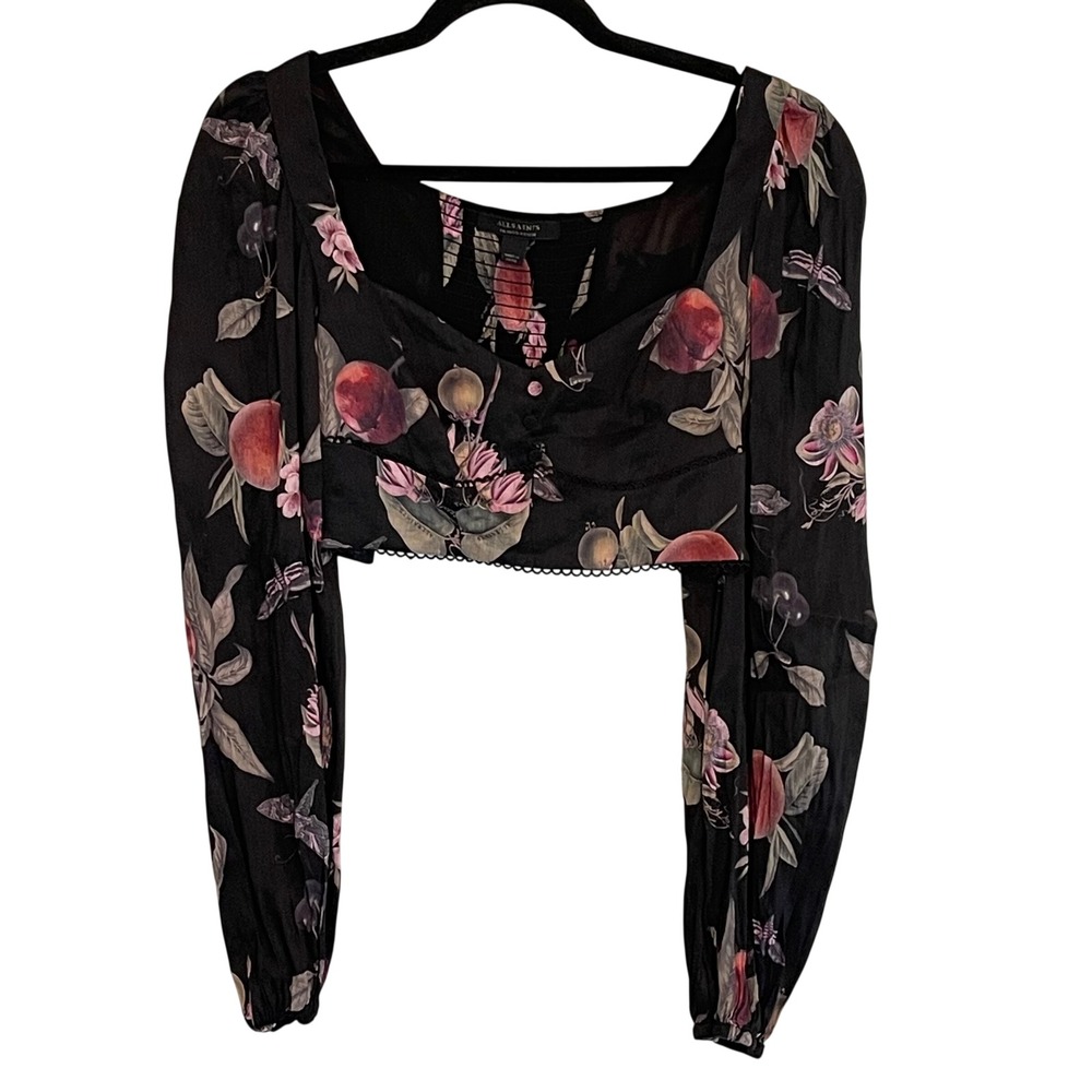 AllSaints Ria Soleil Top Black Garden Floral Linen Silk Crop Blouse‎ US 6 UK 10